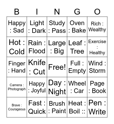 Analogy Bingo Card