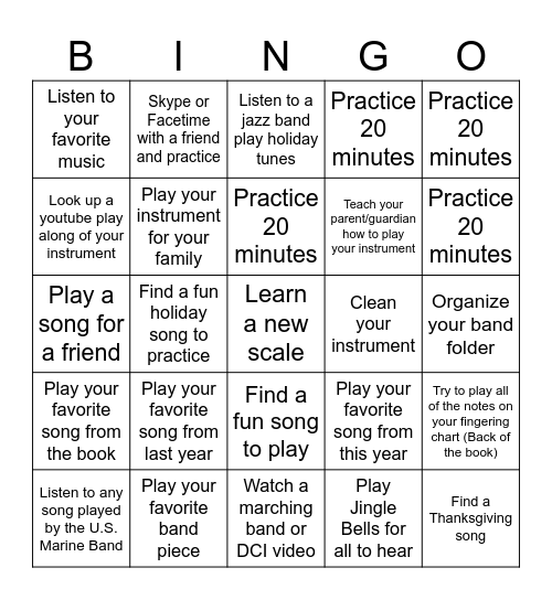 Band Break Bingo Card