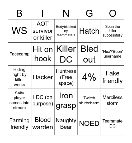 DBD Bingo Card