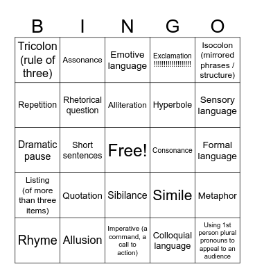 LANGUAGE FEATURE BINGO Card