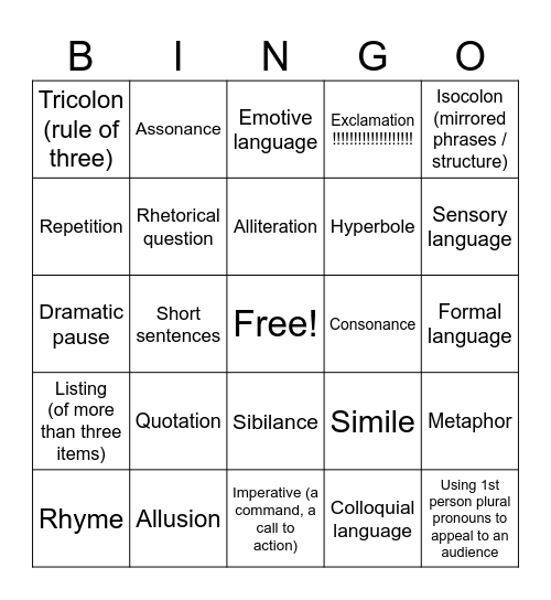 LANGUAGE FEATURE BINGO Card