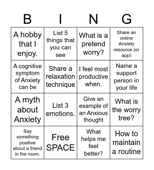 ANXIETY BINGO Card