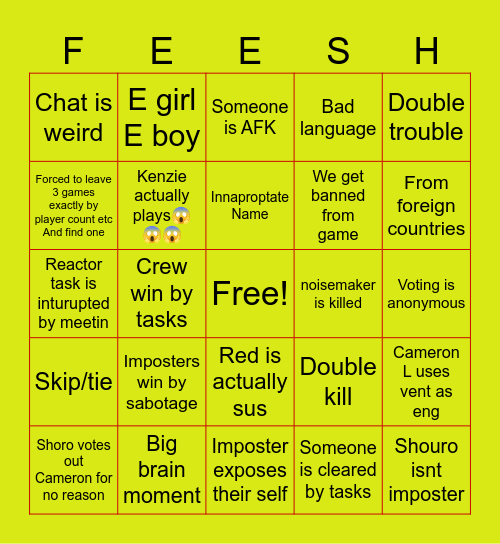 Amogus bingo Card