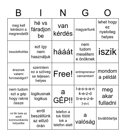 Gyakorlati óra Bingo Card