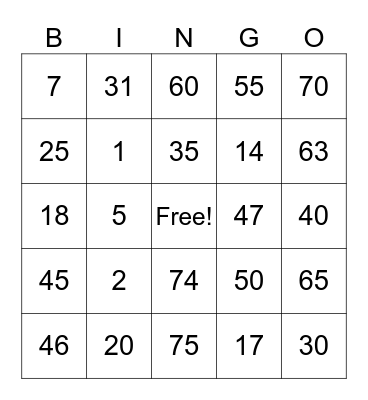 Number Bingo 1-75 Bingo Card