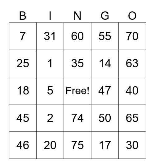 Number Bingo 1-75 Bingo Card