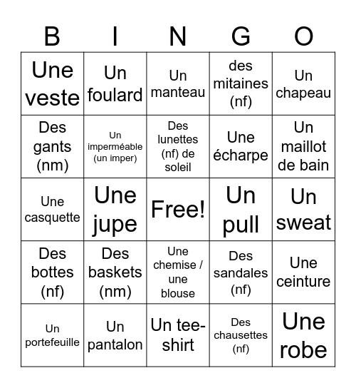 Les vêtements Bingo Card