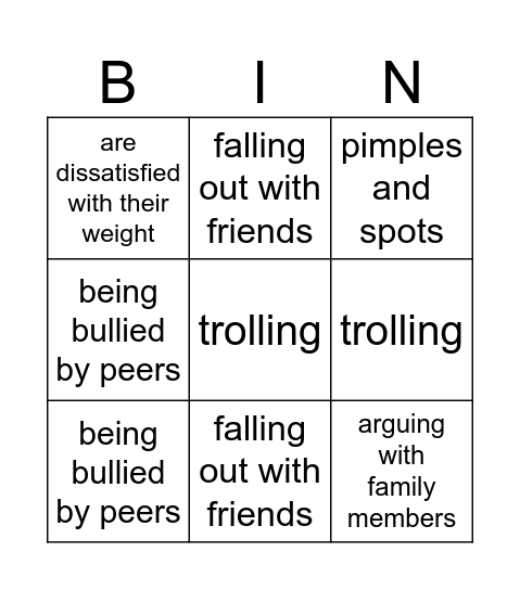 Teen problems Bingo Card