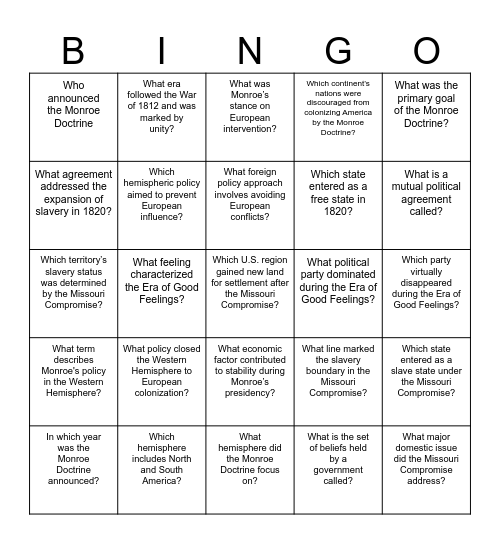 James Monroe Bingo Card