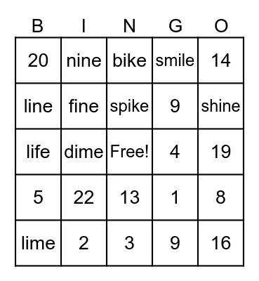 Long i Bingo Card