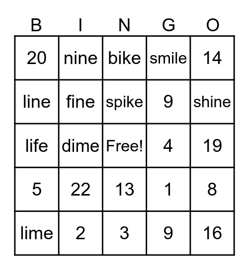 Long i Bingo Card