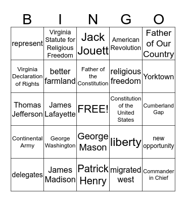 Virginia and the New Nation Bingo Card