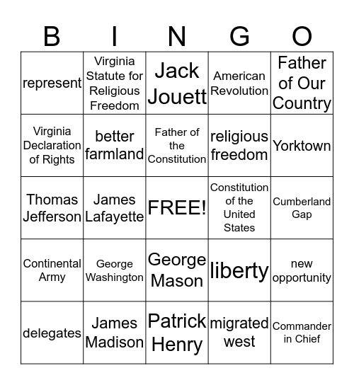 Virginia and the New Nation Bingo Card