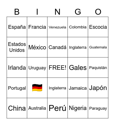 Countries Bingo Card