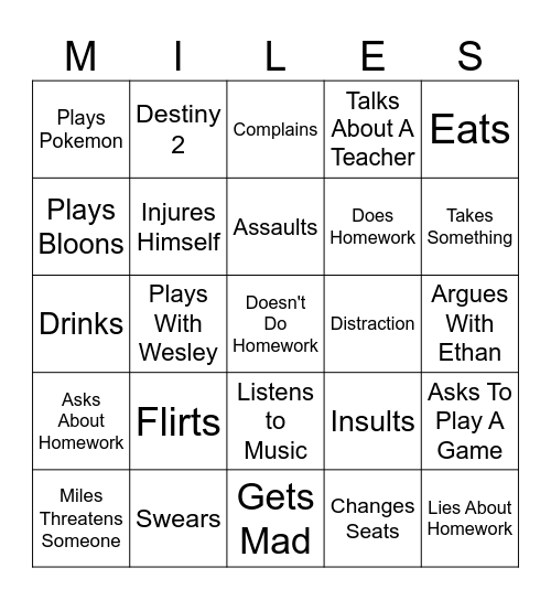 Miles Bingo Card Bingo Card