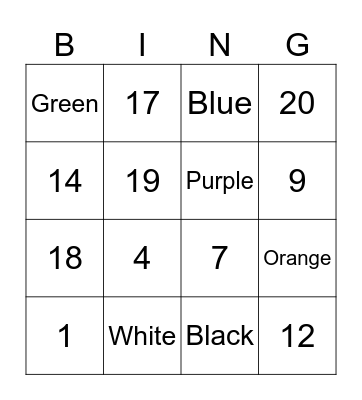 Colors and Numbers Bingo Card