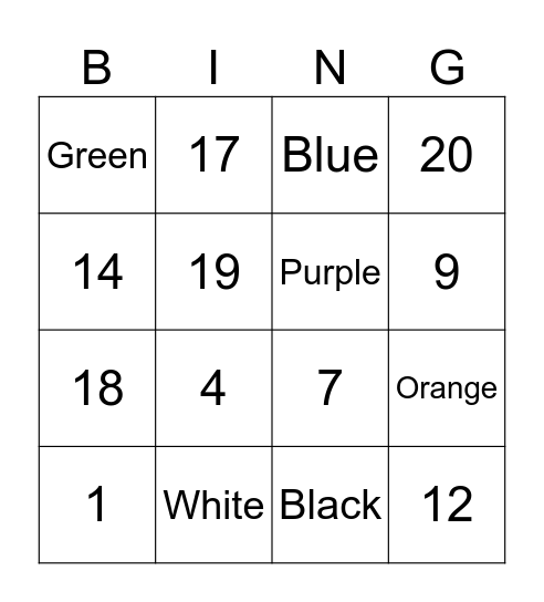 Colors and Numbers Bingo Card