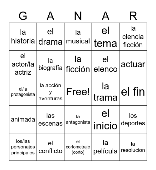 SPA 3, Unit 2A Movies and TV (SPA-->ENG) Bingo Card