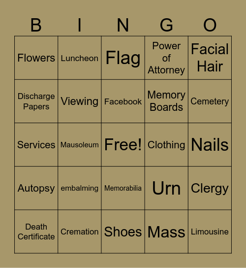 Fun Funeral Facts Bingo Card