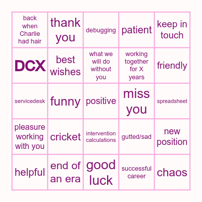 Charlie's Farewell Bingo Card