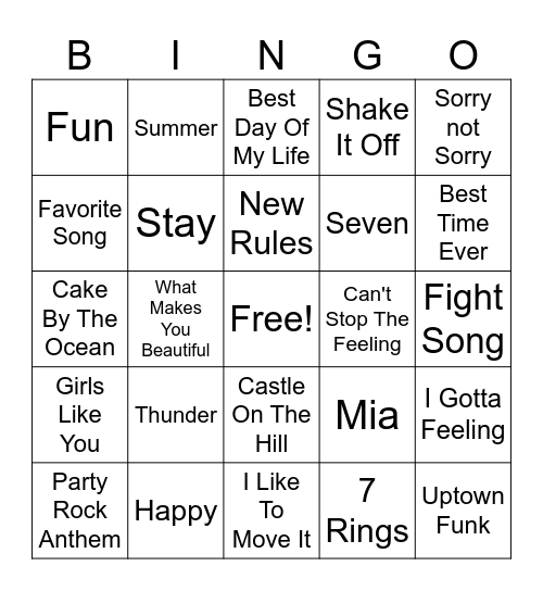 Kidz Bop Bingo Card