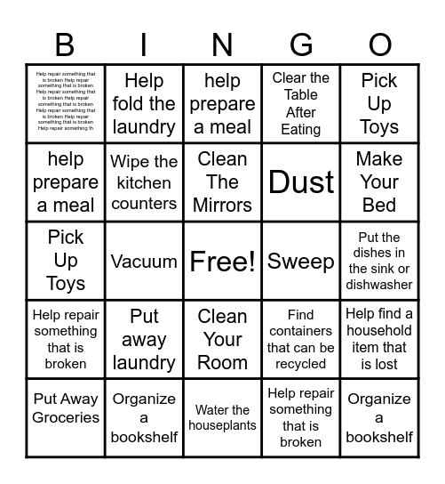 Household Chores Bingo Card