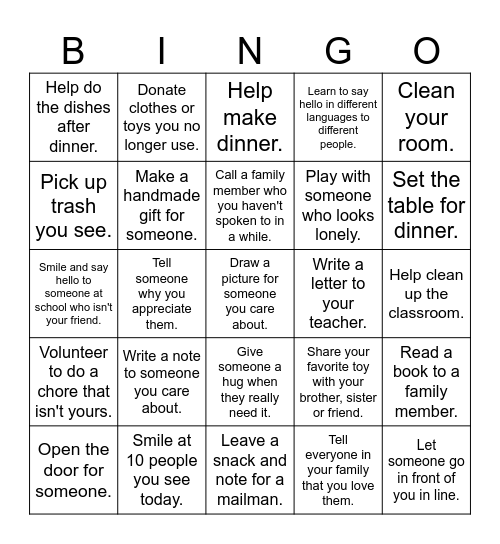 Generosity Bingo Card