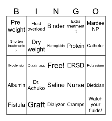 Dialysis BINGO Card