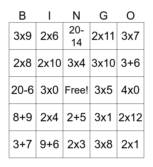 Math Grade 2/3 Bingo Card