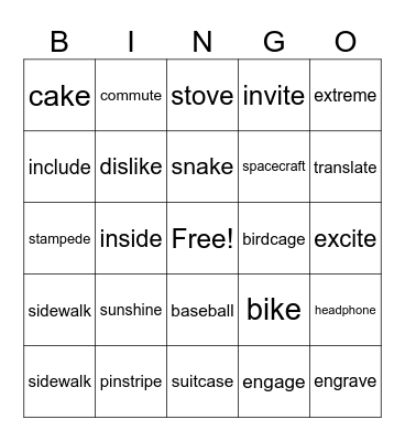 Silent E Bingo Card