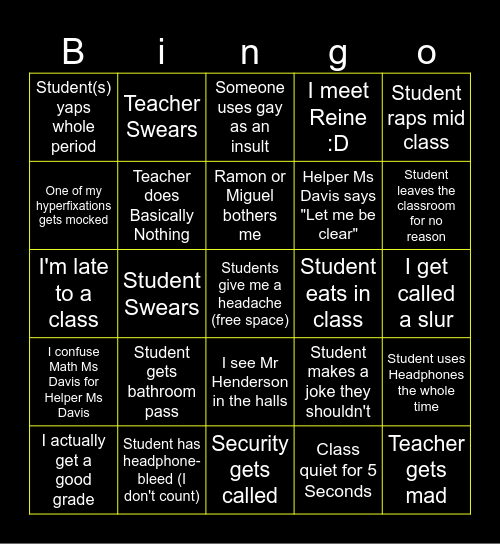 Annie's Riley Highschool Day Bingo Card