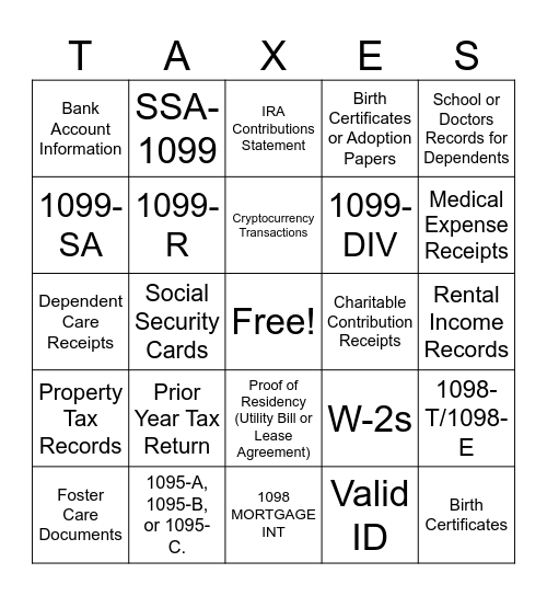 TAX TIME BINGO Card