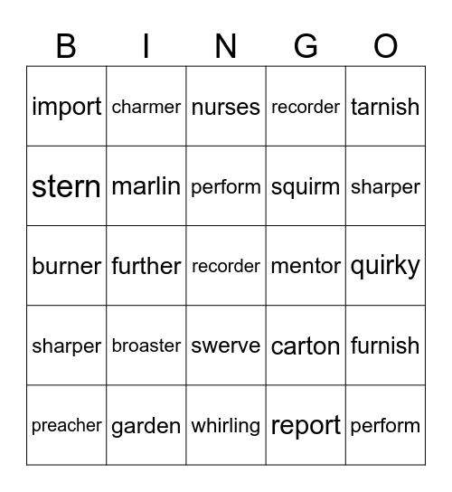 Bossy R Bingo Card