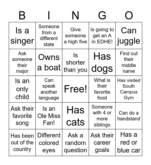 Friendship Bingo Card