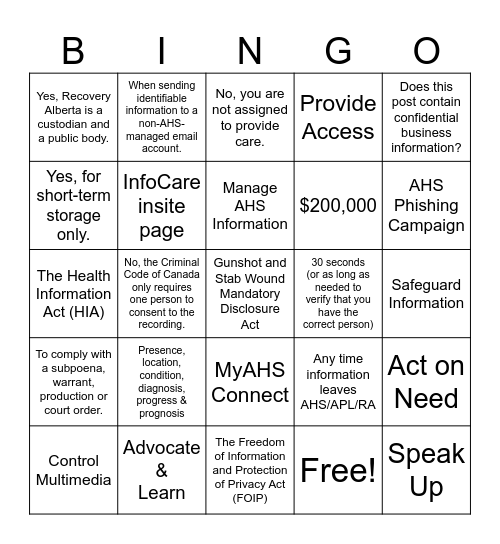 InfoCare Coach Bingo Card