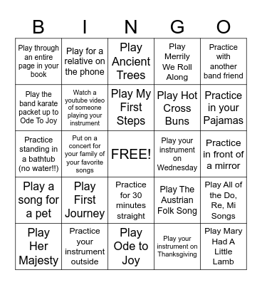 Thanksgiving Break Band Bingo Card