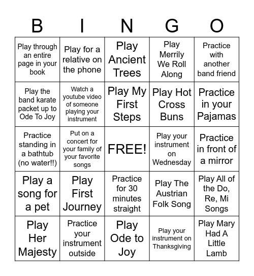 Thanksgiving Break Band Bingo Card