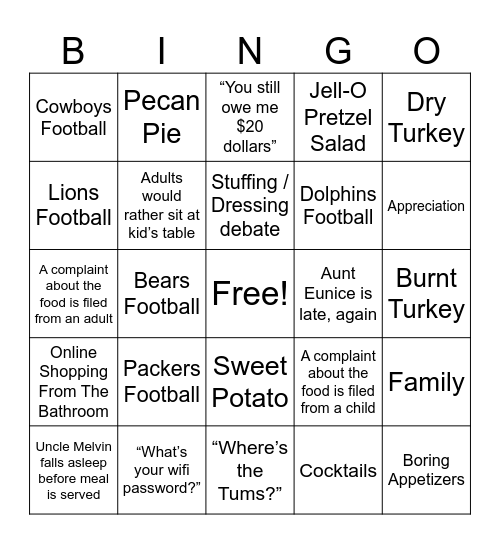 November Recess - Thanksgiving Bingo Card