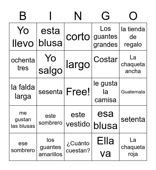La ropa Unidad 3 Bingo Card
