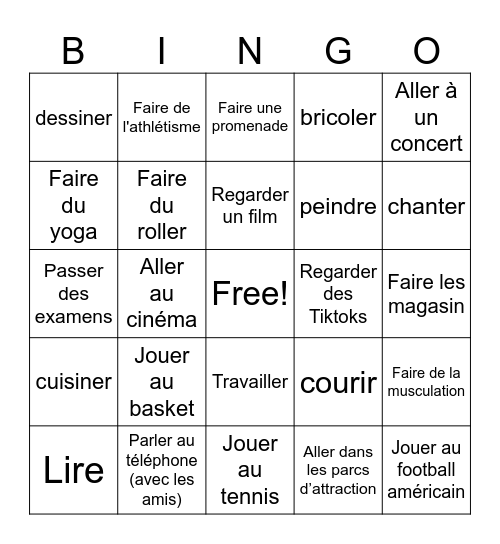 Fr1 les activités qu'on aime faire Bingo Card