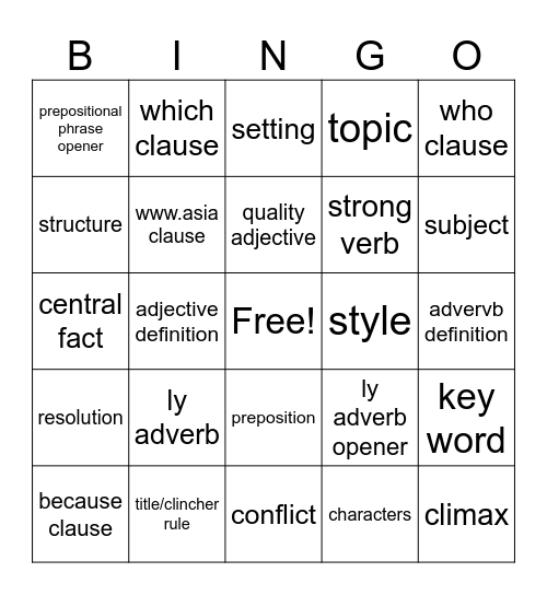 Writing Class Bingo Card