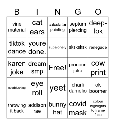 2020 cringe tiktok Bingo Card