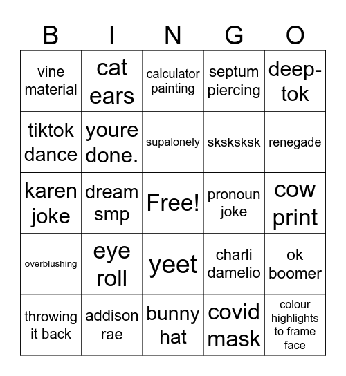 2020 cringe tiktok Bingo Card