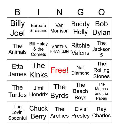 50-70's Music Bingo Card