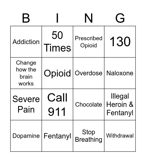 Opioid Bingo Card