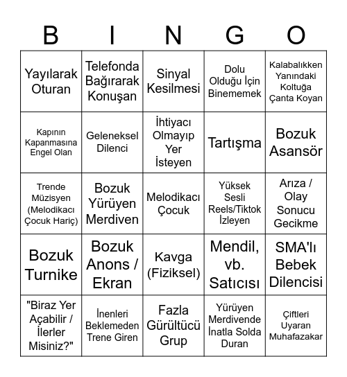 İstanbul Toplu Taşıma Bingosu Bingo Card