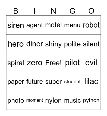 Open Syllable Bingo Card
