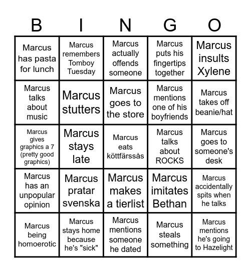 Marcus Bingo Card