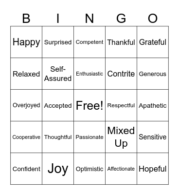 Emotions Bingo Card