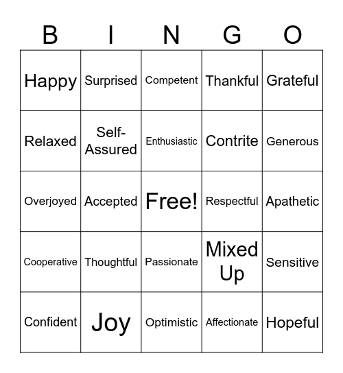 Emotions Bingo Card